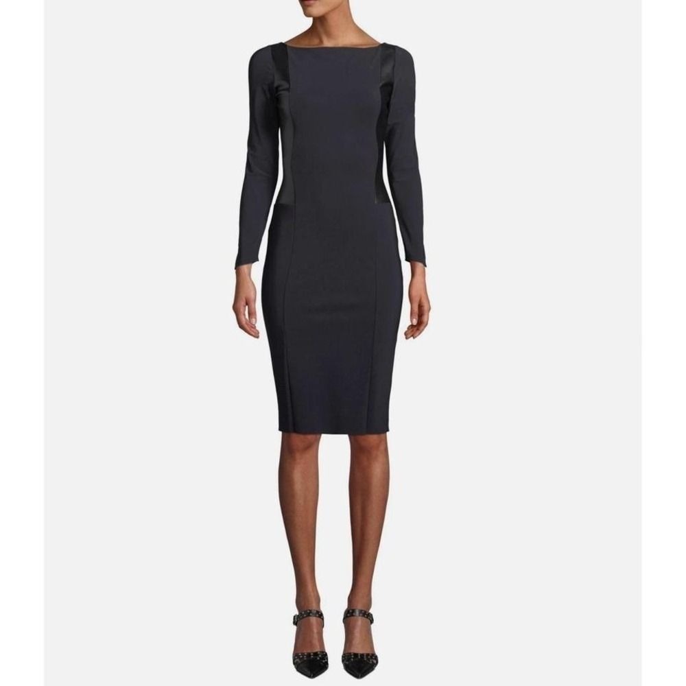 Sz 42 Chiara Boni Leather Trim Accursia Midi Dress Black Long Sleeve